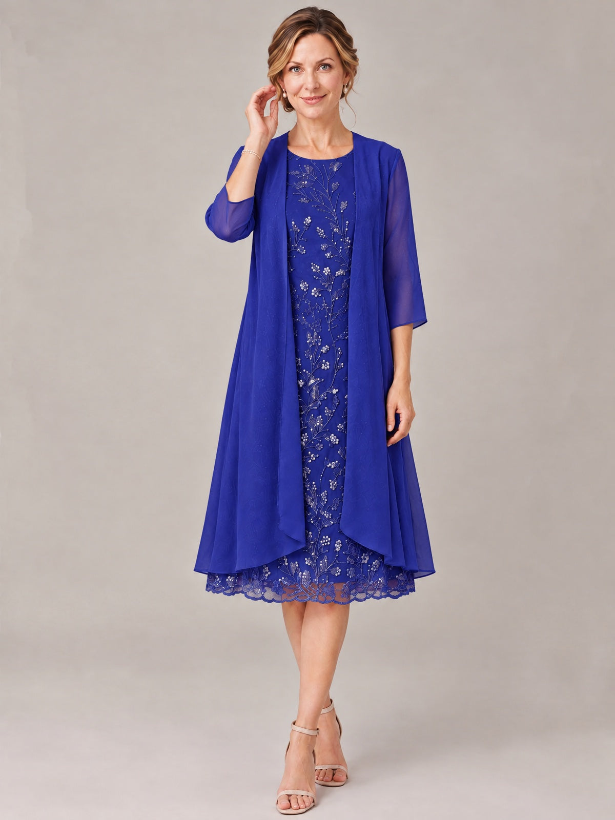 Tea Length Sequin Lace Mother of The Bride Dress with Chiffon Jacket