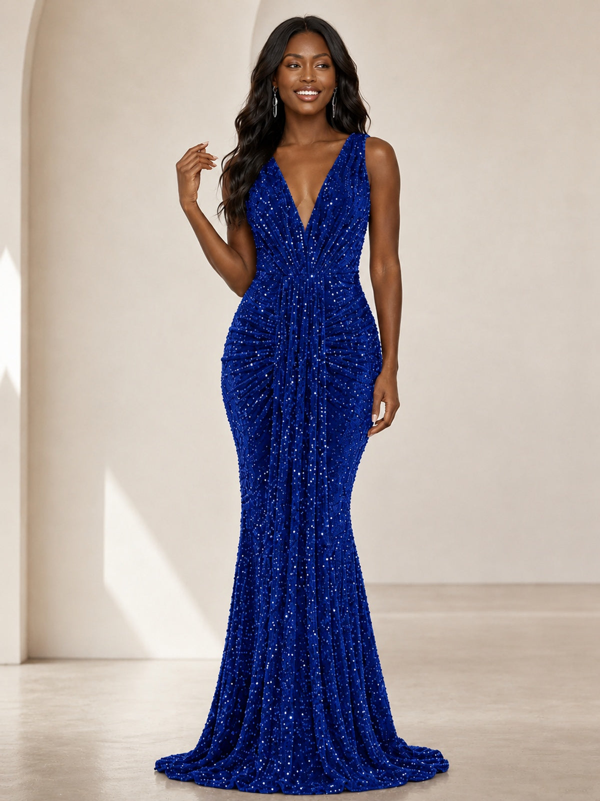 Sequin Mermaid Prom Dress with V-Neck and Ruched Waist