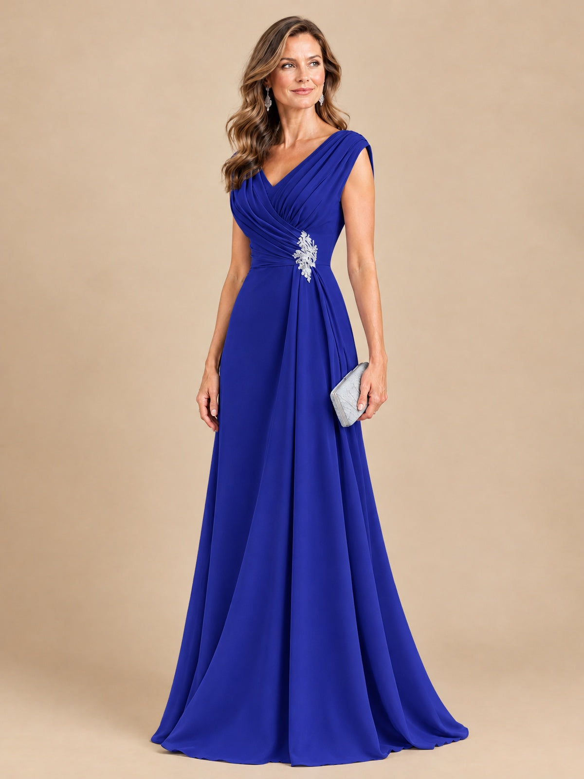 V Neck Pleated Mother of The Bride Dresses with Beading Cap Sleeves