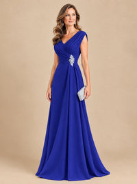 V Neck Pleated Mother of The Bride Dresses with Beading Cap Sleeves