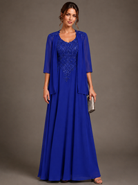 A-line 2 Pieces Chiffon Appliques Mother of The Bride Dresses with Jackets