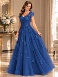 Lace Appliques A-line Mother of The Bride Dresses with Short Sleeves
