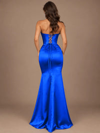 Dusty Blue Strapless Lace Corset Prom Dress with High Slit