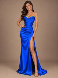 Dusty Blue Strapless Lace Corset Prom Dress with High Slit