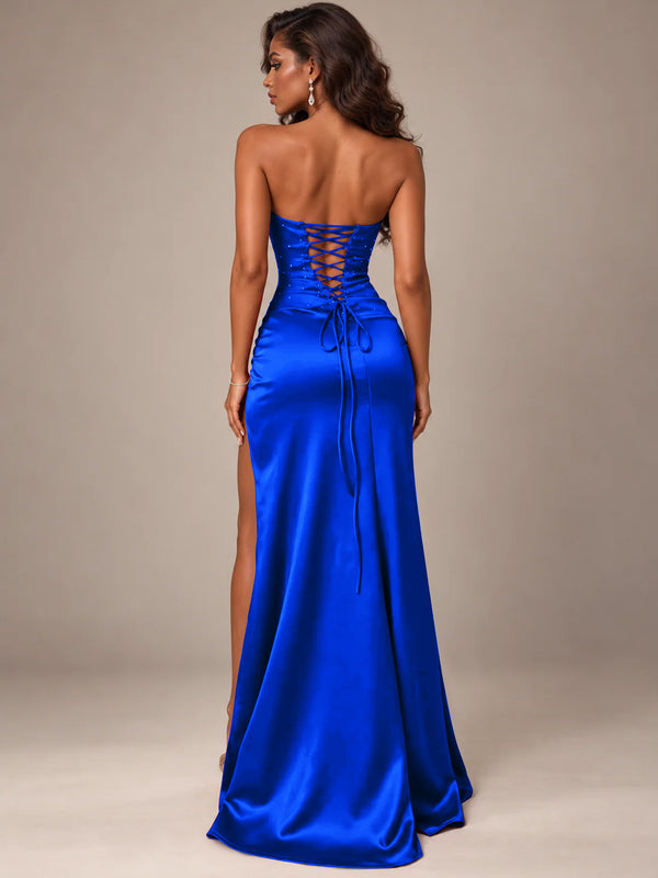 Burgundy Strapless Sparkly Corset Prom Dress with High Slit