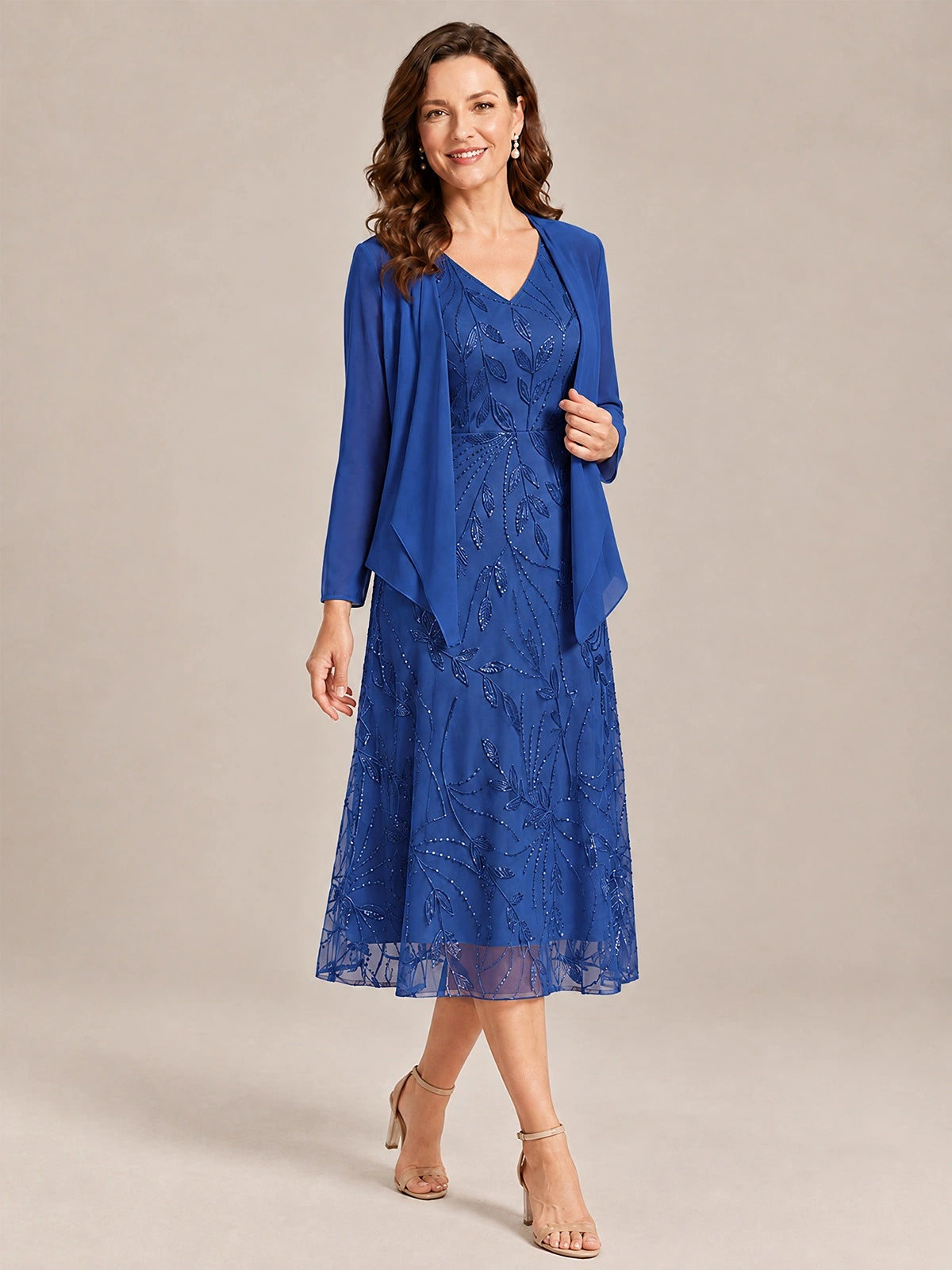 Tea Length Sequin Lace Mother of the Bride Dress with Chiffon Jacket