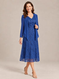 Tea Length Sequin Lace Mother of the Bride Dress with Chiffon Jacket