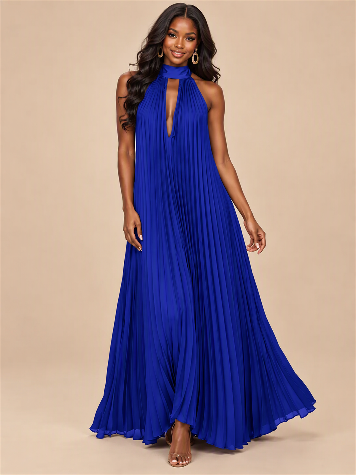 Rust Orange Pleated Halter Neck Maxi Dress