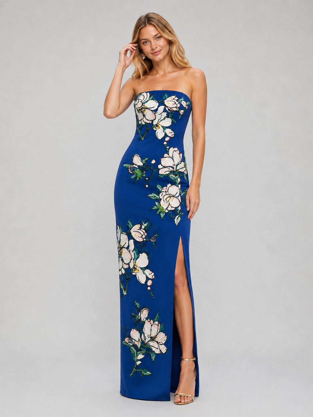Royal Blue Floral Jacquard Strapless Maxi Dress with Side Slit