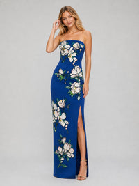 Royal Blue Floral Jacquard Strapless Maxi Dress with Side Slit