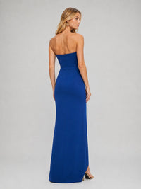 Royal Blue Floral Jacquard Strapless Maxi Dress with Side Slit
