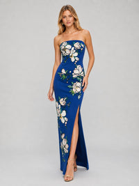 Royal Blue Floral Jacquard Strapless Maxi Dress with Side Slit