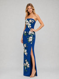 Royal Blue Floral Jacquard Strapless Maxi Dress with Side Slit