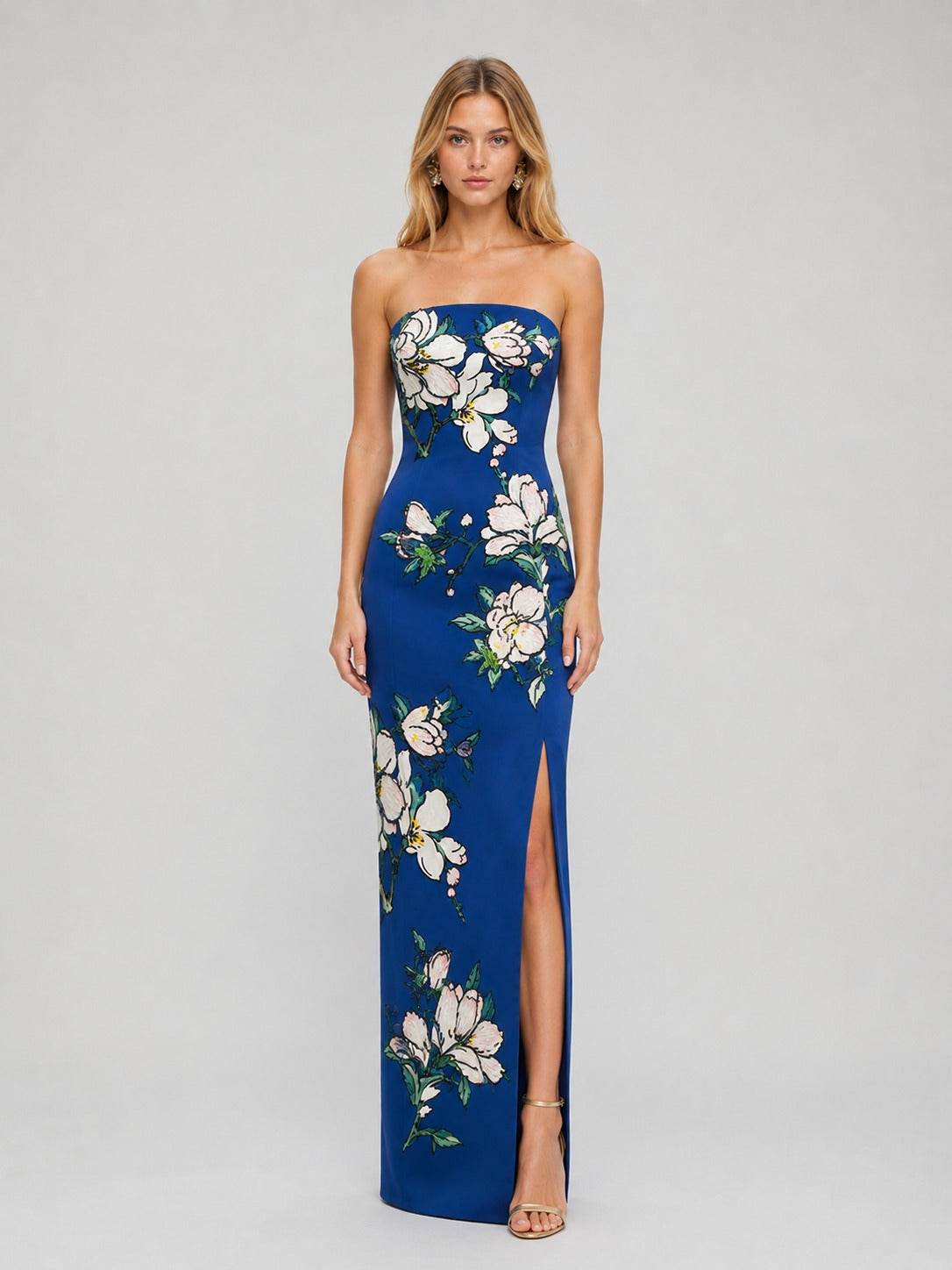 Royal Blue Floral Jacquard Strapless Maxi Dress with Thigh-High Slit