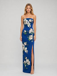 Royal Blue Floral Jacquard Strapless Maxi Dress with Thigh-High Slit