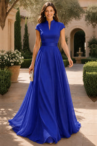 V Neck Cap Sleeve A-Line Floor-Length Satin Bridesmaid Dress