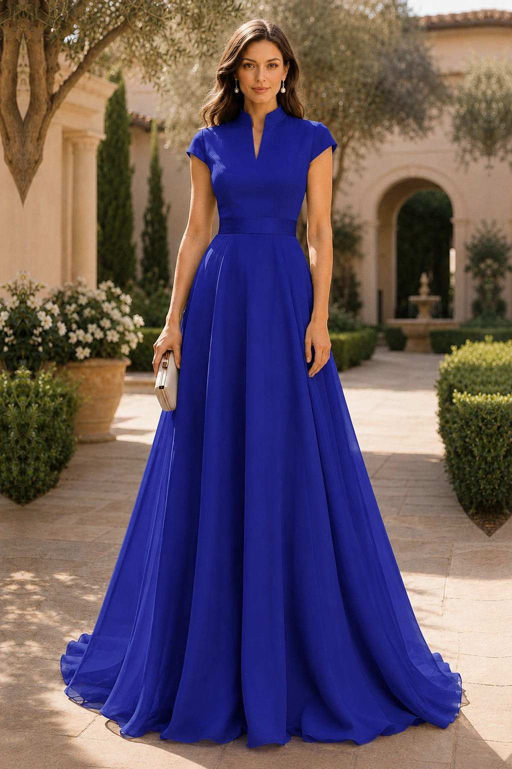V Neck Cap Sleeve A-Line Floor-Length Satin Bridesmaid Dress
