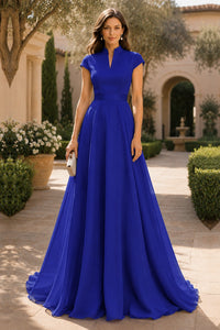 V Neck Cap Sleeve A-Line Floor-Length Satin Bridesmaid Dress
