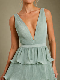 Sage Green Chiffon Tiered Ruffle Bridesmaid Dress with Slit