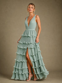 Sage Green Chiffon Tiered Ruffle Bridesmaid Dress with Slit