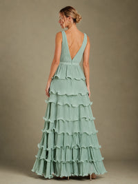 Sage Green Chiffon Tiered Ruffle Bridesmaid Dress with Slit