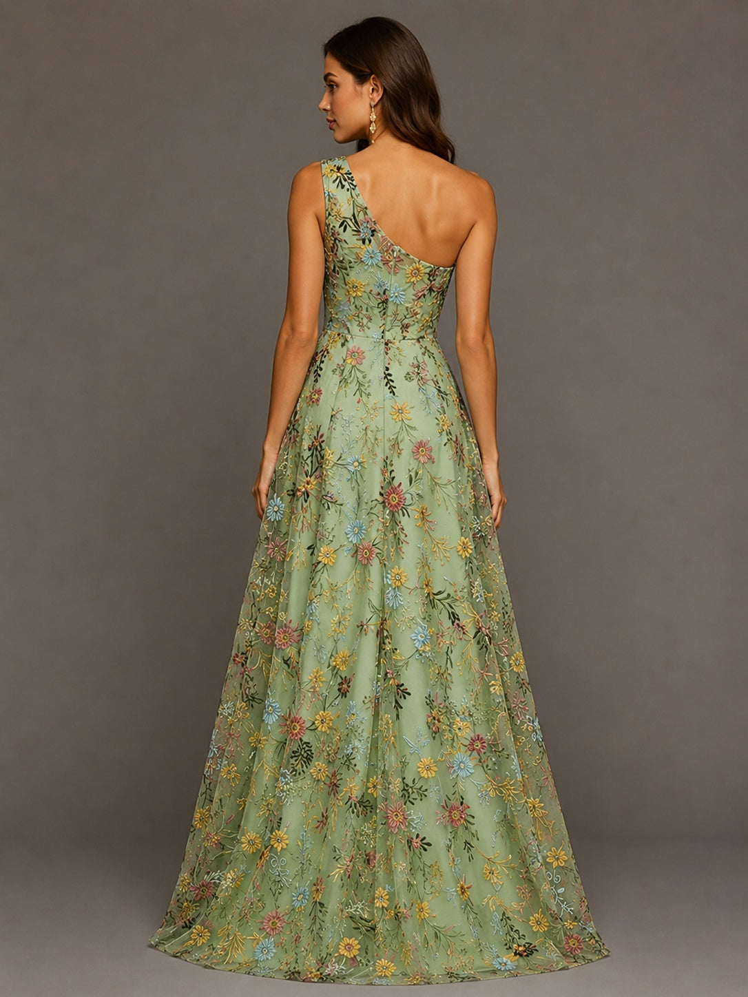 Sage Green One Shoulder Floral Embroidered A-Line Bridesmaid Dress
