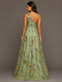Sage Green One Shoulder Floral Embroidered A-Line Bridesmaid Dress