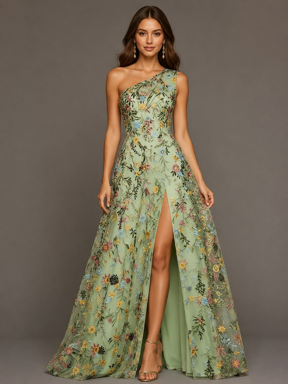 Sage Green One Shoulder Floral Embroidered A-Line Bridesmaid Dress