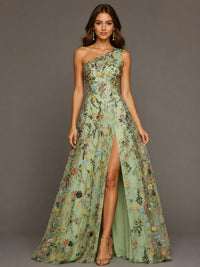 Sage Green One Shoulder Floral Embroidered A-Line Bridesmaid Dress