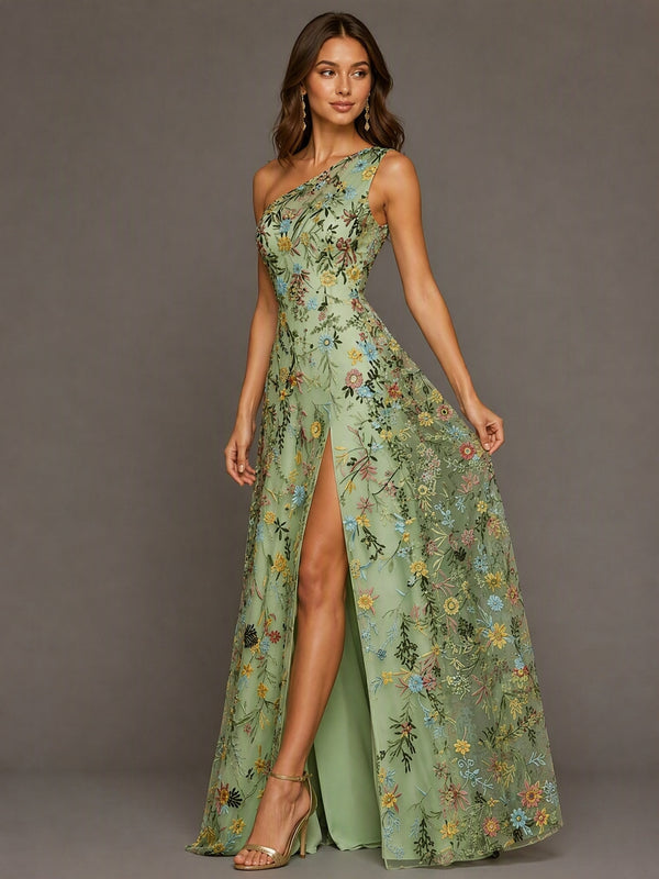 Sage Green One Shoulder Floral Embroidered A-Line Bridesmaid Dress