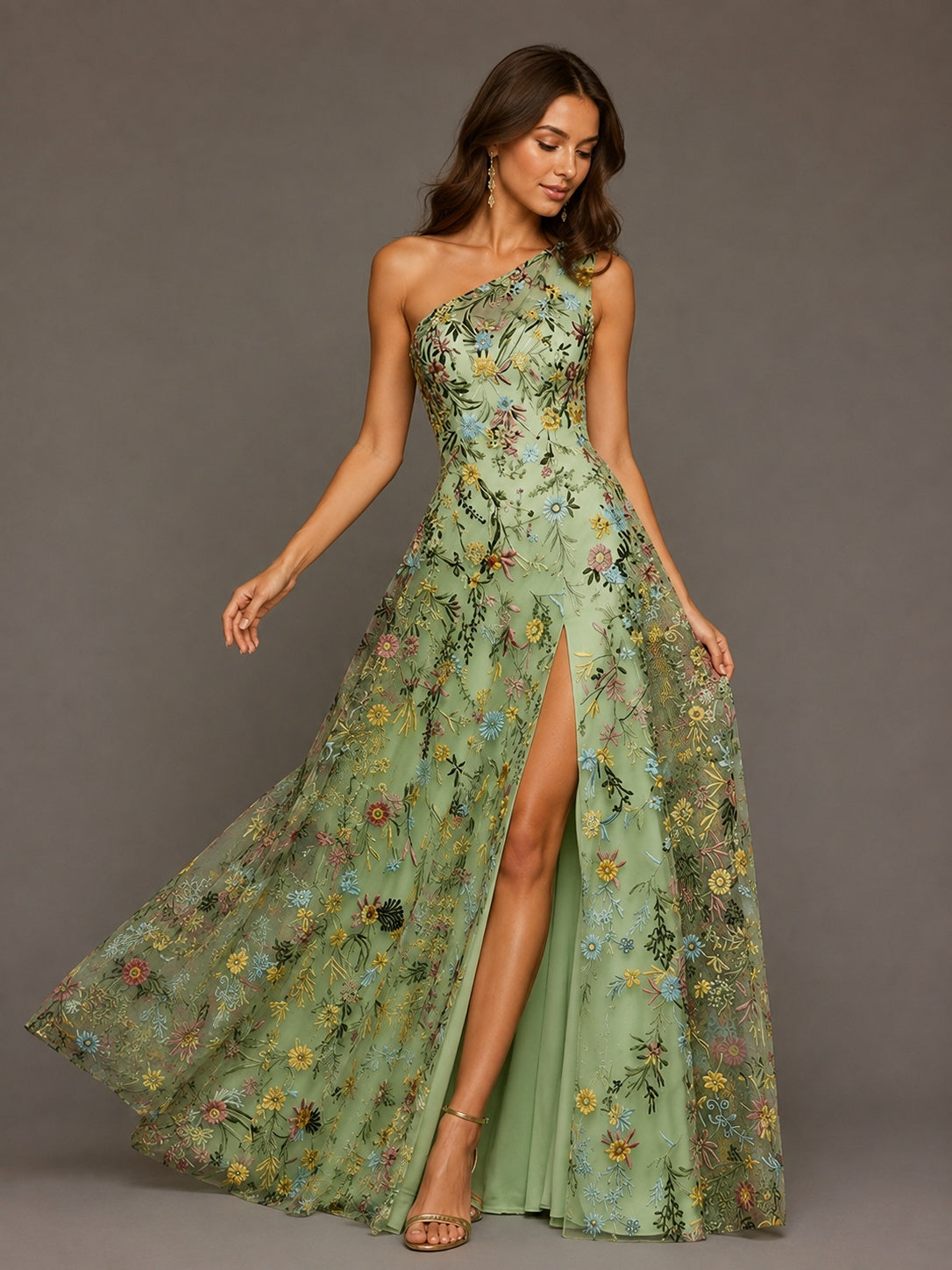 Sage Green One Shoulder Floral Embroidered A-Line Bridesmaid Dress