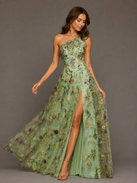 Sage Green One Shoulder Floral Embroidered A-Line Bridesmaid Dress