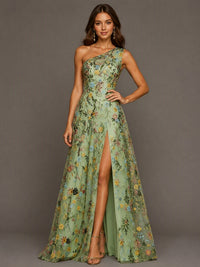 Sage Green One Shoulder Floral Embroidered A-Line Bridesmaid Dress