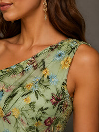 Sage Green One Shoulder Floral Embroidered A-Line Bridesmaid Dress