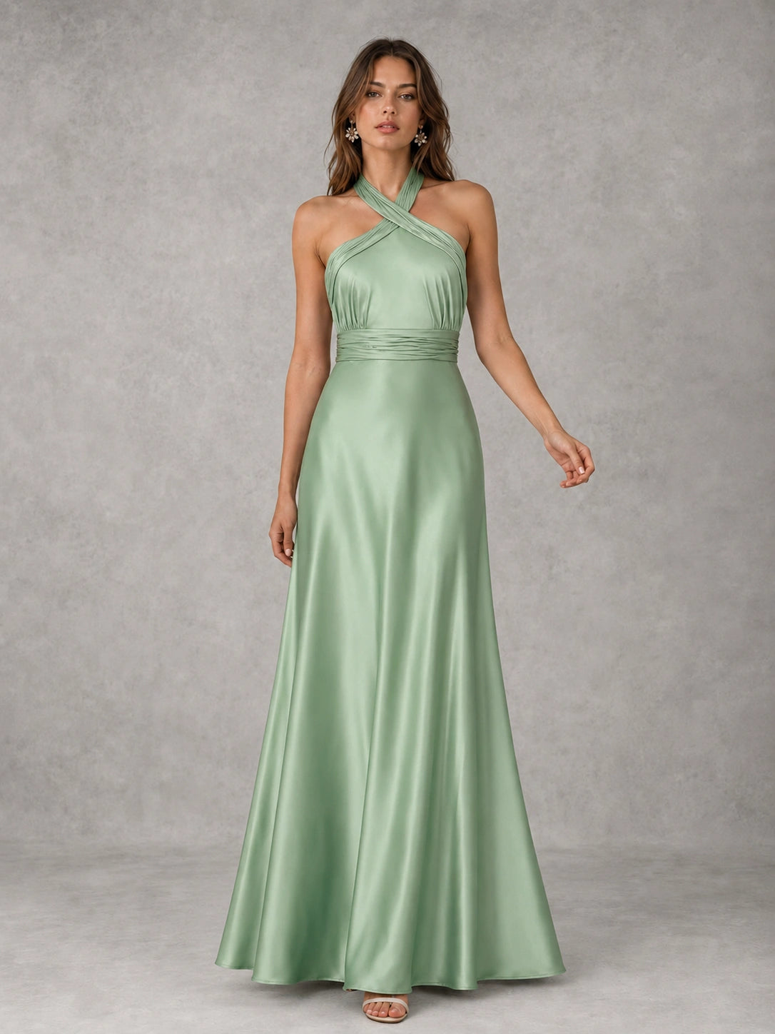 Sage Green Satin A-Line Bridesmaid Dress with Halter Neck