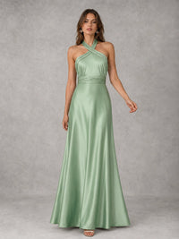 Sage Green Satin A-Line Bridesmaid Dress with Halter Neck