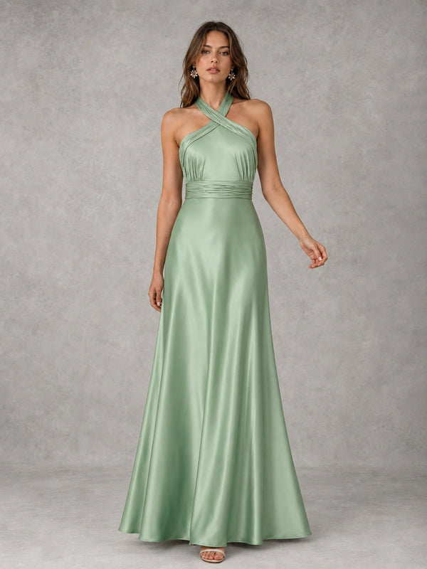 Sage Green Satin A-Line Bridesmaid Dress with Halter Neck