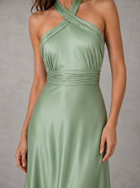Sage Green Satin A-Line Bridesmaid Dress with Halter Neck