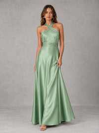Sage Green Satin A-Line Bridesmaid Dress with Halter Neck