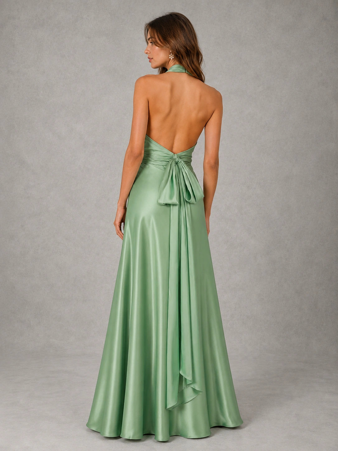 Sage Green Satin A-Line Bridesmaid Dress with Halter Neck
