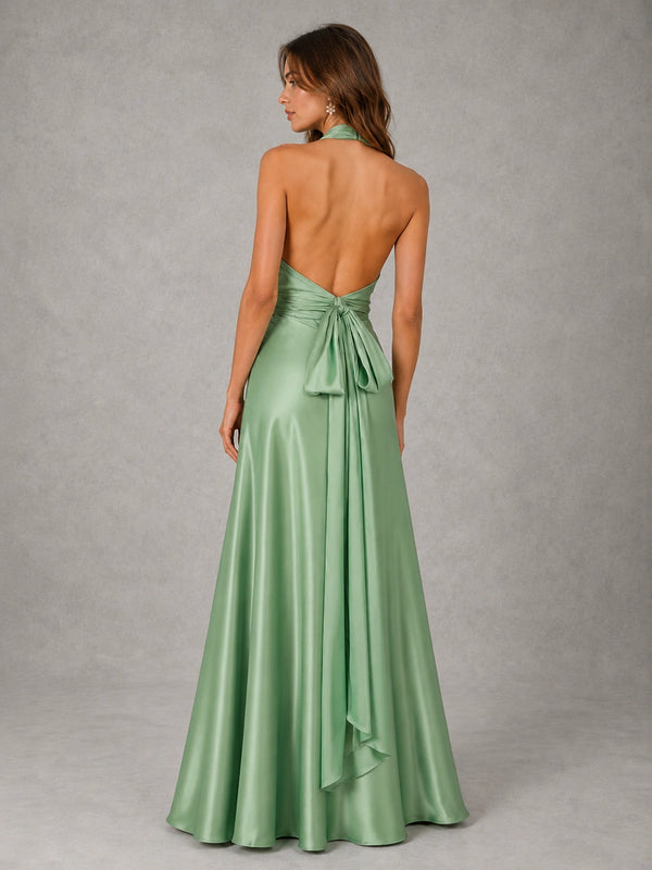 Sage Green Satin A-Line Bridesmaid Dress with Halter Neck
