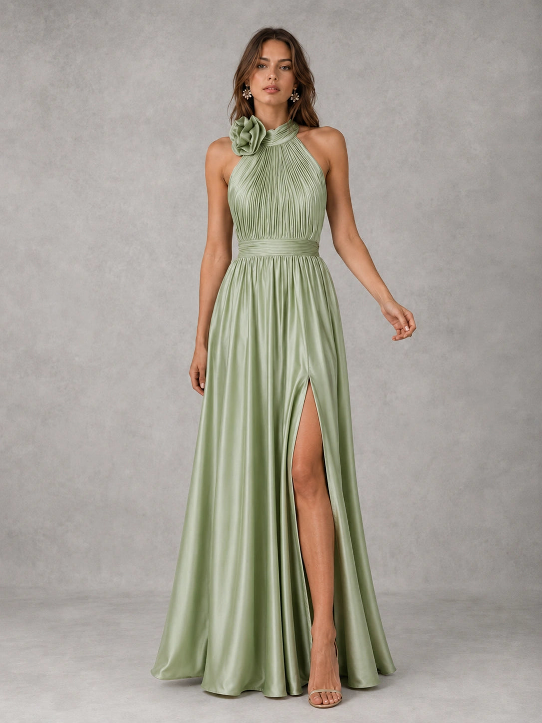 Sage Green Satin Halter Bridesmaid Dress with Slit