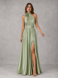 Sage Green Satin Halter Bridesmaid Dress with Slit