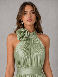 Sage Green Satin Halter Bridesmaid Dress with Slit