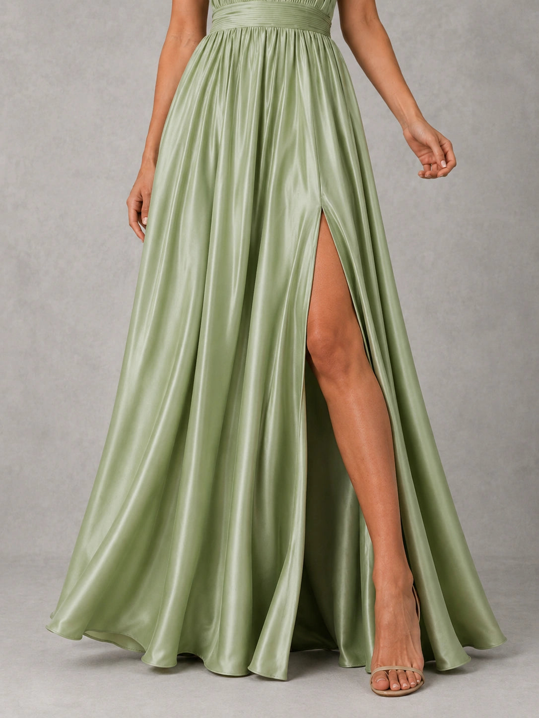 Sage Green Satin Halter Bridesmaid Dress with Slit