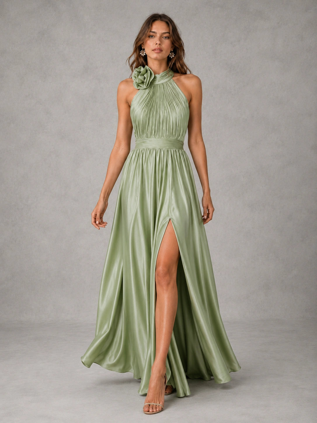 Sage Green Satin Halter Bridesmaid Dress with Slit