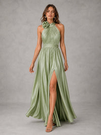 Sage Green Satin Halter Bridesmaid Dress with Slit