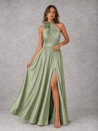 Sage Green Satin Halter Bridesmaid Dress with Slit