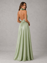 Sage Green Satin Halter Bridesmaid Dress with Slit