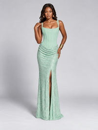Sequin Corset Mermaid Prom Dress with Square Neck Wide Strap High Slit